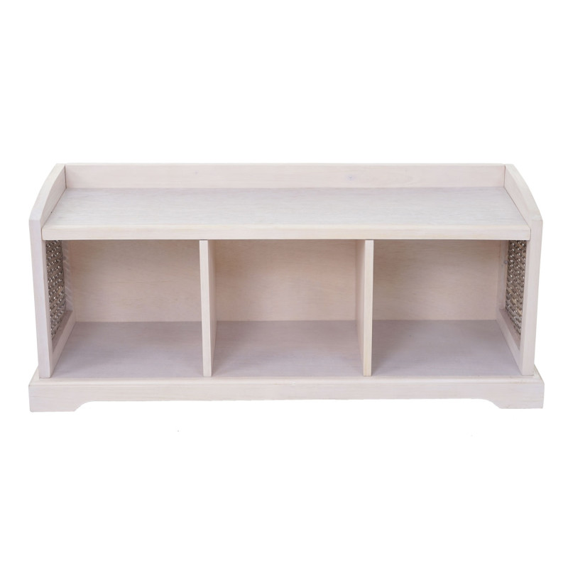 Banc / banquette Bienne, boîte de rangement, 3 paniers, treillis en rotin kubu, 112x46x37cm - blanc