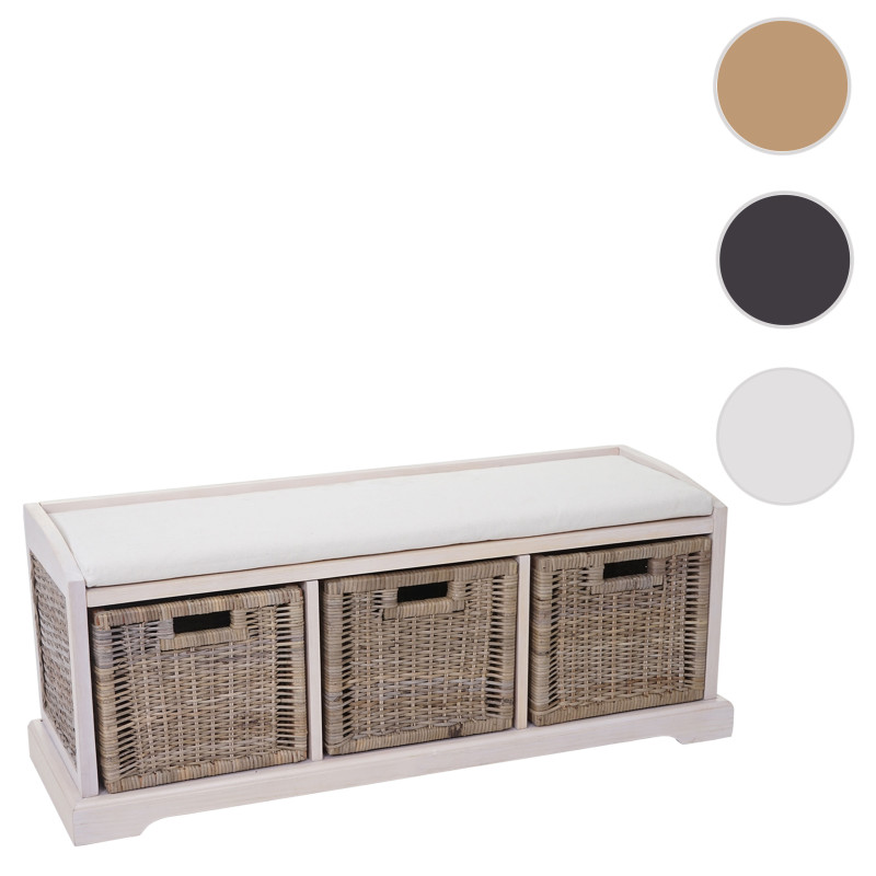 Banc / banquette Bienne, boîte de rangement, 3 paniers, treillis en rotin kubu, 112x46x37cm - blanc