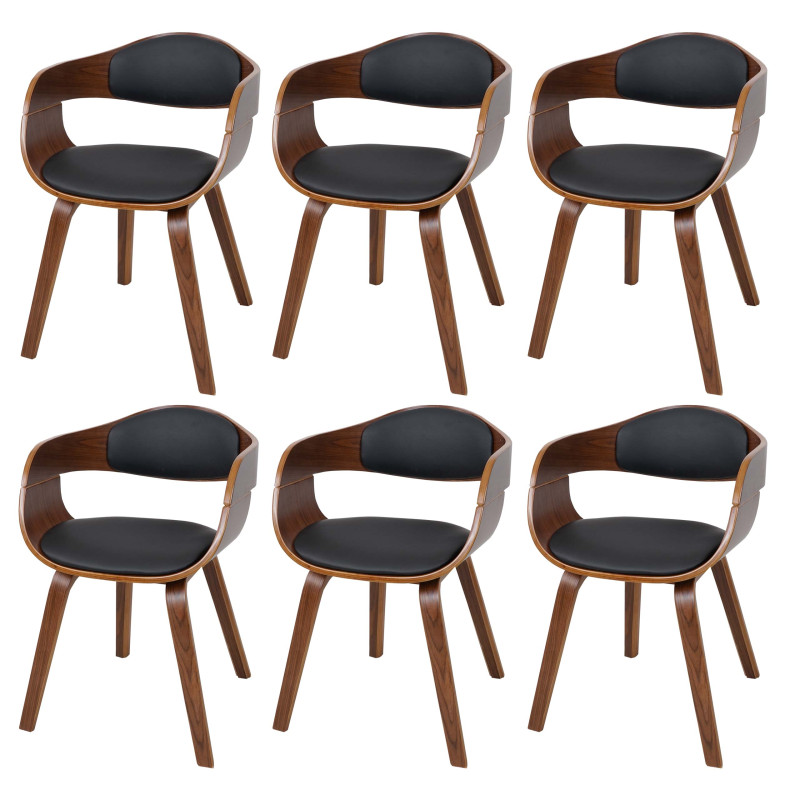 6x chaise de salle à manger design rétro, bois courbé aspect noix - similicuir, noir