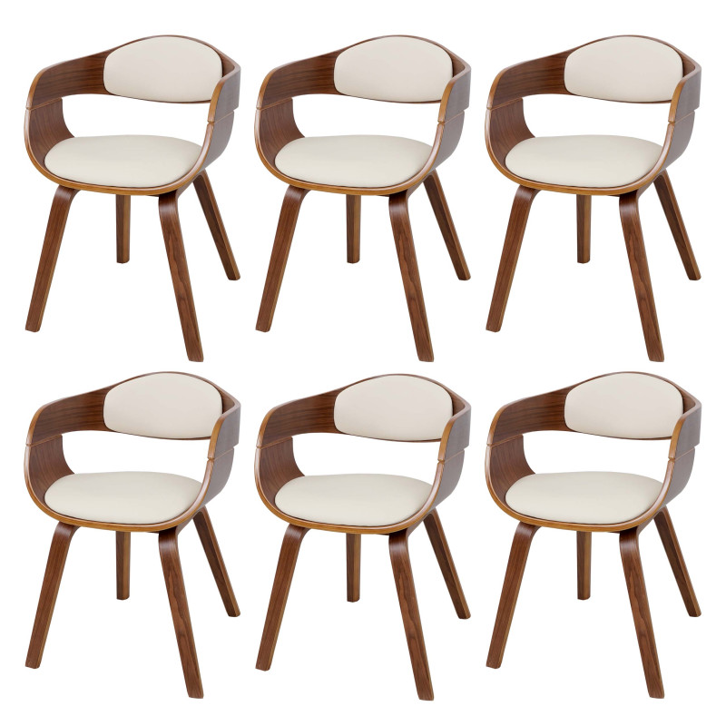 6x chaise de salle à manger design rétro, bois courbé aspect noix - similicuir, crème