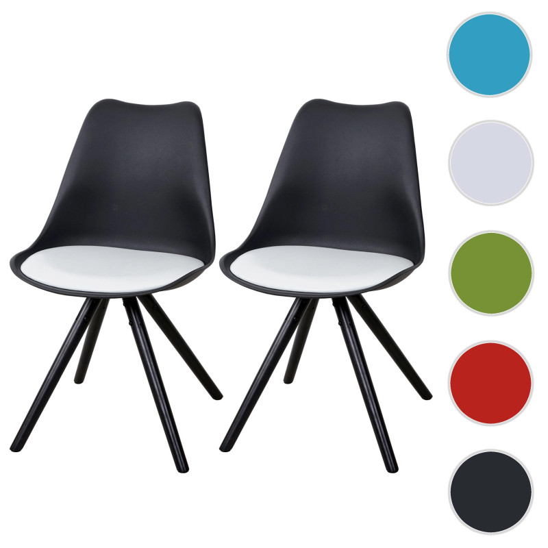 2x chaise de séjour/salle à manger Malmö T501, design rétro - noir, siège similicuir blanc, pieds foncés