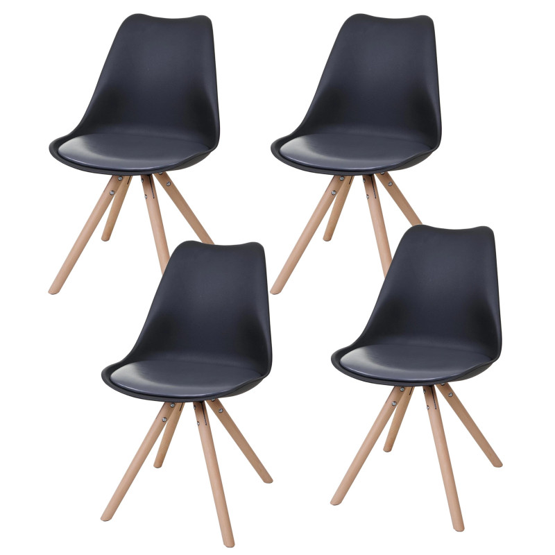 4x chaise de séjour/salle à manger Malmö T501, design rétro - noir, siège similicuir gris, pieds clairs