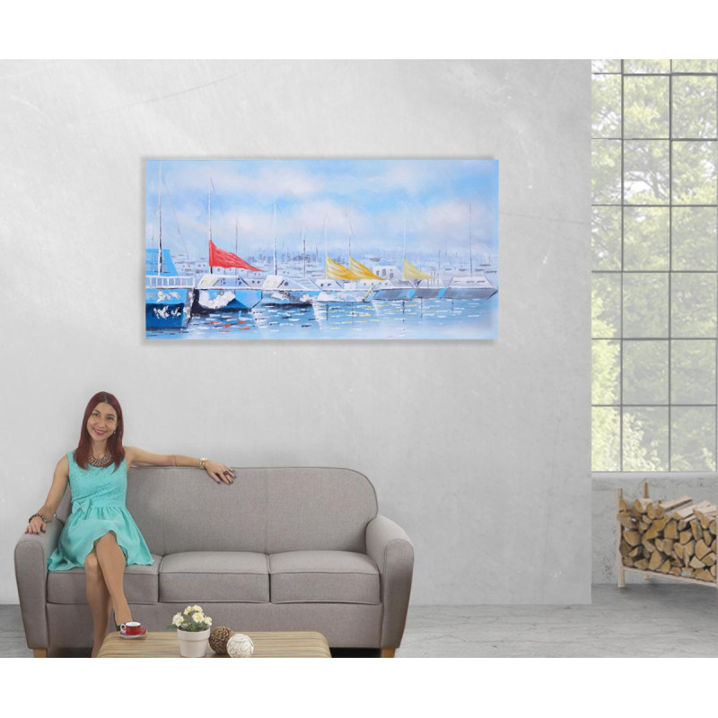 Tableau peinture à huile, bateaux, peint à la main à 100%, toile de décoration murale XL - 140x70cm