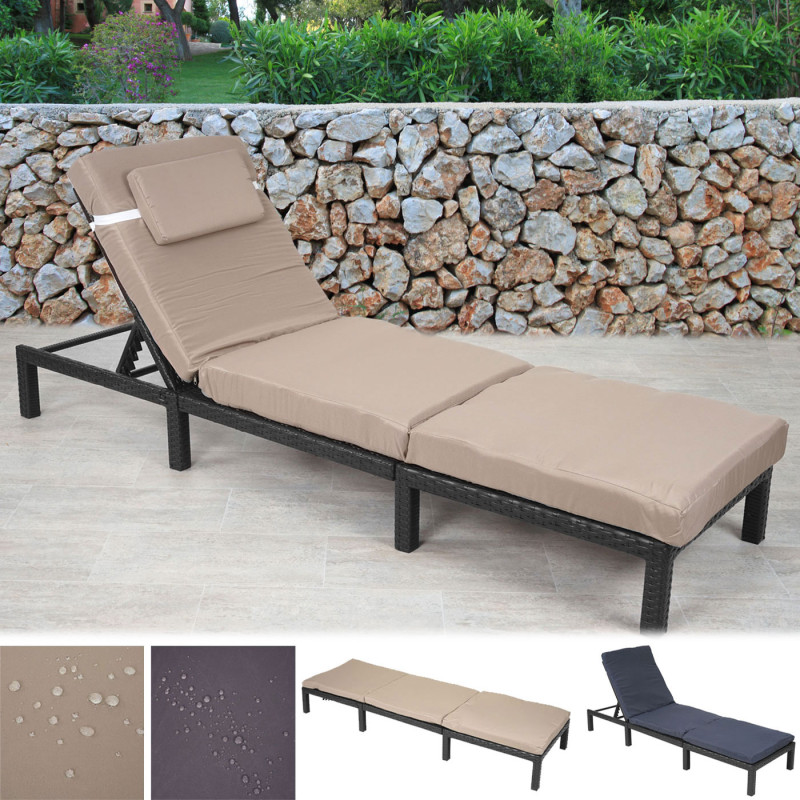 Chaise longue polyrotin, bain de soleil, transat de jardin - Basic marron, coussin crème
