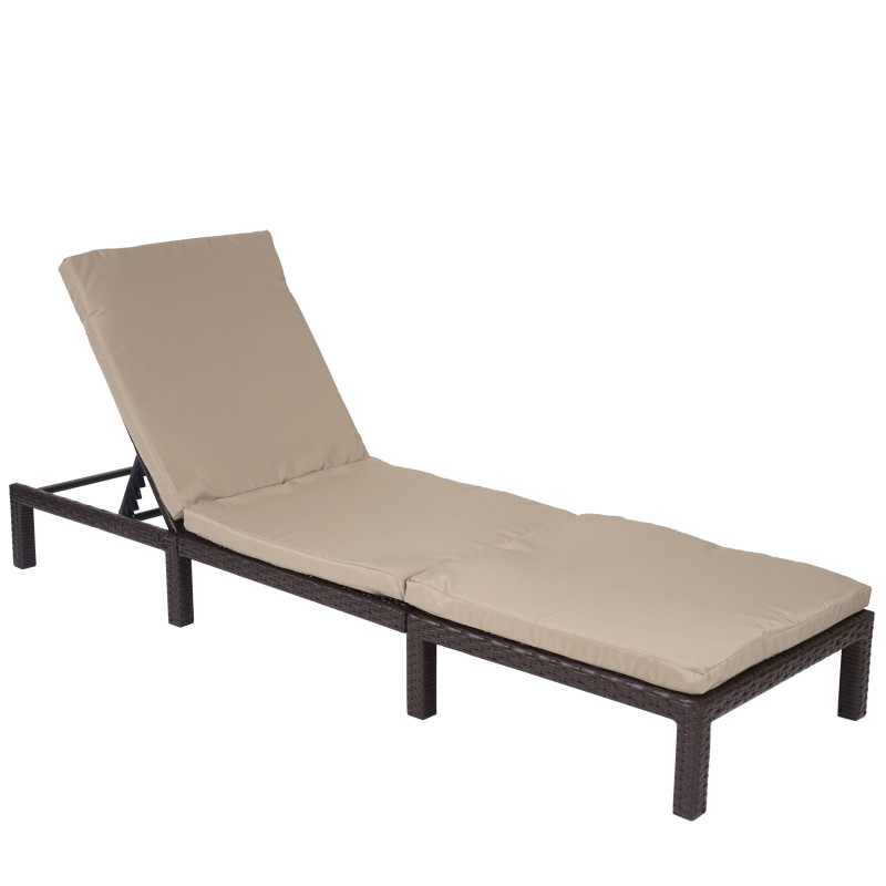 Chaise longue polyrotin, bain de soleil, transat de jardin - Basic marron, coussin crème