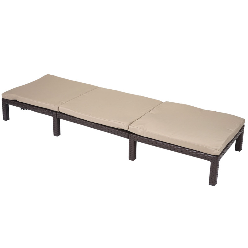 Chaise longue polyrotin, bain de soleil, transat de jardin - Basic marron, coussin crème