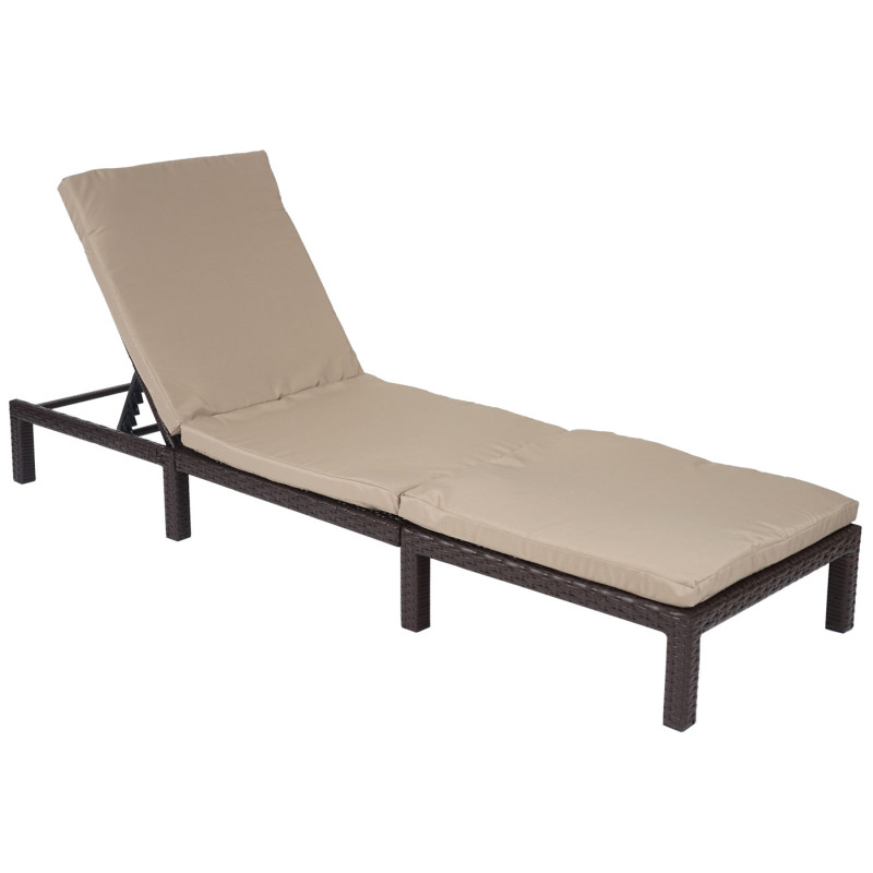 Chaise longue polyrotin, bain de soleil, transat de jardin - Basic marron, coussin crème