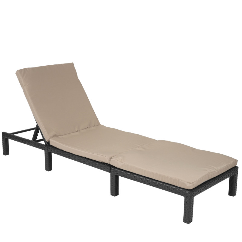 Chaise longue polyrotin, bain de soleil, transat de jardin - Basic anthracite, coussin crème
