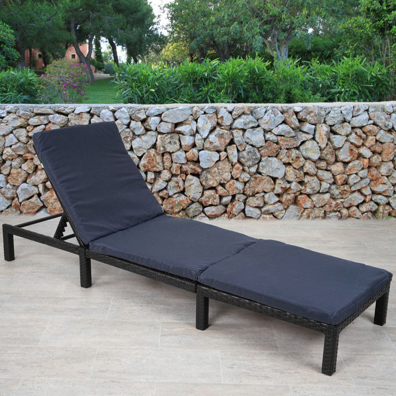 Chaise longue polyrotin, bain de soleil, transat de jardin - Basic anthracite, coussin gris