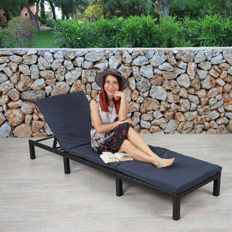 Chaise longue polyrotin, bain de soleil, transat de jardin - Basic anthracite, coussin gris