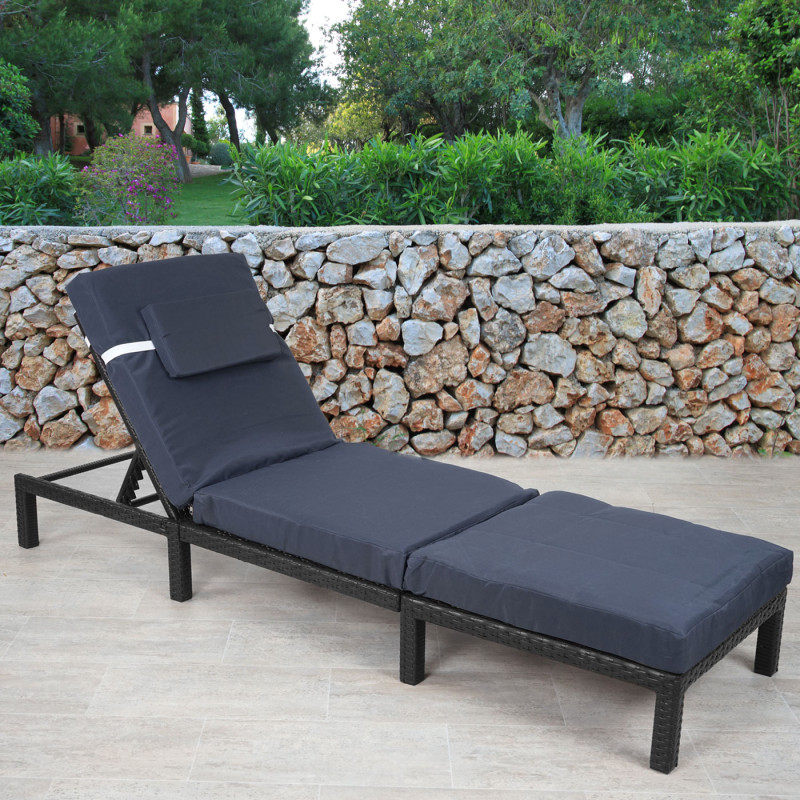 Chaise longue polyrotin, bain de soleil, transat de jardin - Premium anthracite, coussin gris