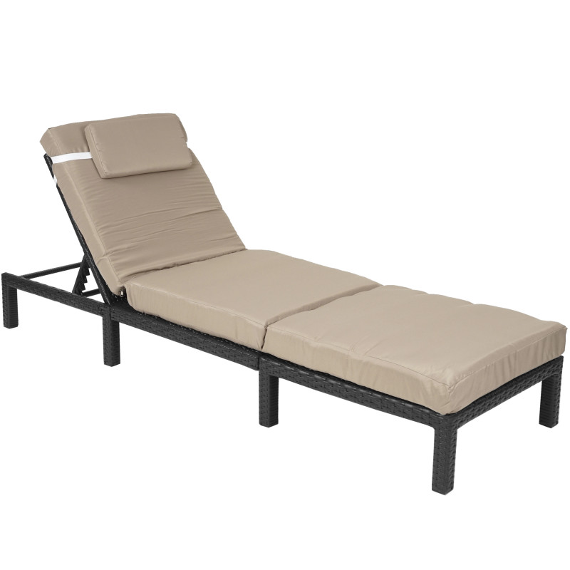 Chaise longue polyrotin, bain de soleil, transat de jardin - Premium anthracite, coussin crème