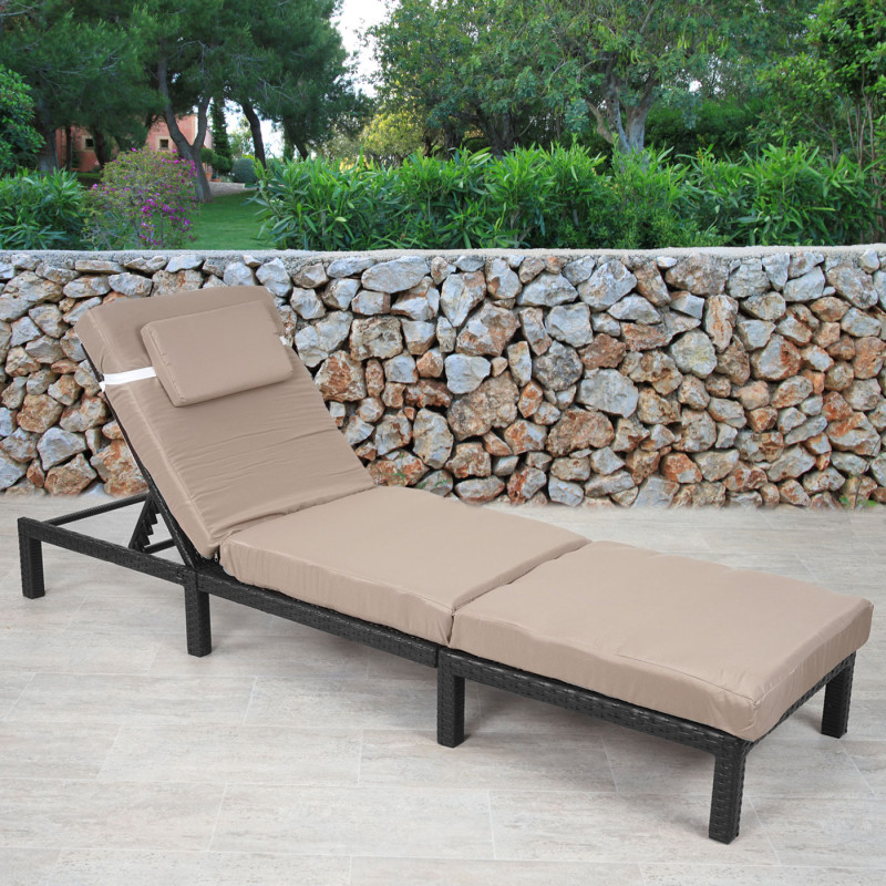 Chaise longue polyrotin, bain de soleil, transat de jardin - Premium anthracite, coussin crème