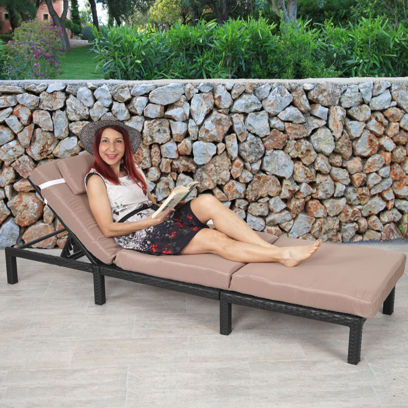 Chaise longue polyrotin, bain de soleil, transat de jardin - Premium anthracite, coussin crème