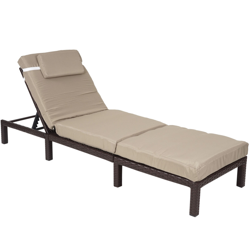 Chaise longue polyrotin, bain de soleil, transat de jardin - Premium marron, coussin crème