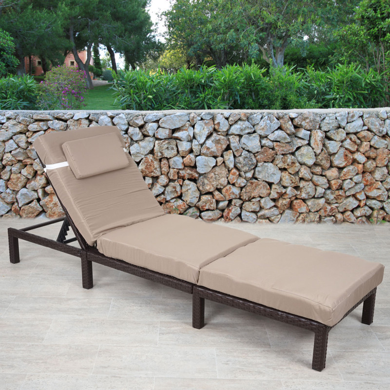 Chaise longue polyrotin, bain de soleil, transat de jardin - Premium marron, coussin crème