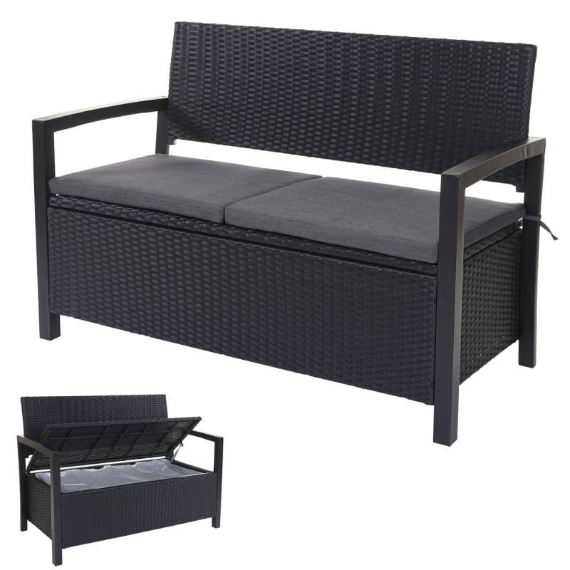 Banc de jardin en polyrotin banquette avec coffre - anthracite, coussin gris