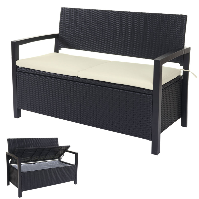 Banc de jardin en polyrotin banquette avec coffre - anthracite, coussin crème