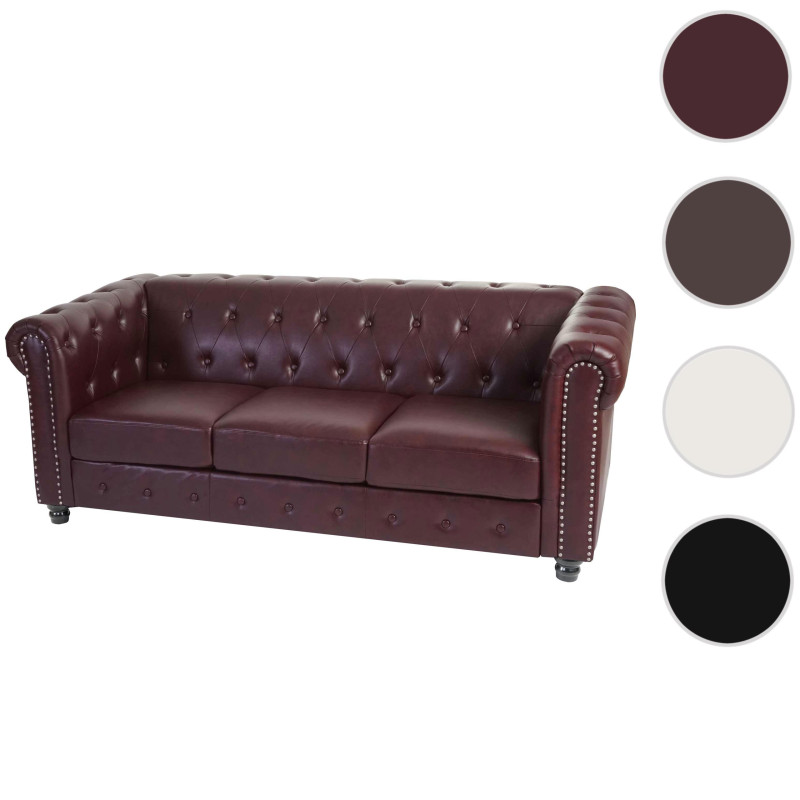 Canapé de luxe à 3 places Chesterfield, canapé long, similicuir - pieds ronds, brun rouge