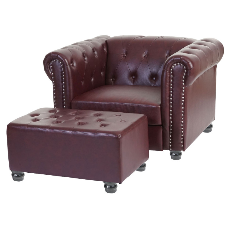 Pouf pour fauteuil de luxe relax Chesterfield, ottomane, 41x75x46cm similicuir - pieds ronds, brun rouge