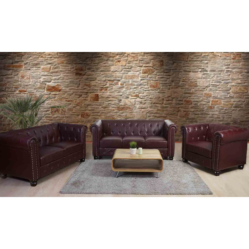 Pouf pour fauteuil de luxe relax Chesterfield, ottomane, 41x75x46cm similicuir - pieds ronds, brun rouge