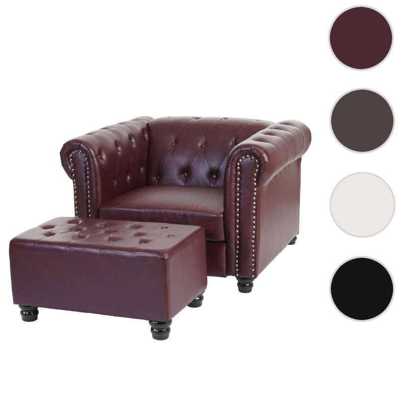 Fauteuil de luxe Chesterfield, fauteuil relax, similicuir - pieds ronds, brun rouge avec ottomane