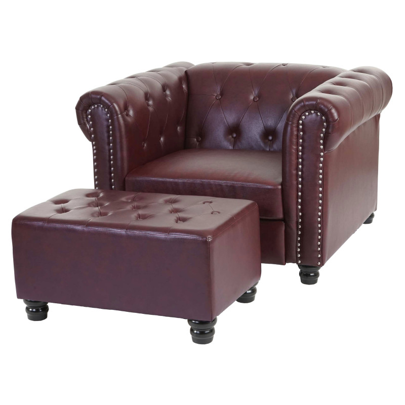 Fauteuil de luxe Chesterfield, fauteuil relax, similicuir - pieds ronds, brun rouge avec ottomane