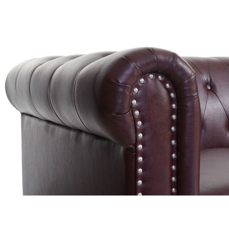 Fauteuil de luxe Chesterfield, fauteuil relax, similicuir - pieds ronds, brun rouge avec ottomane