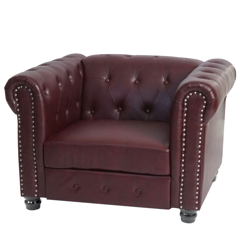 Fauteuil de luxe Chesterfield, fauteuil relax, similicuir - pieds ronds, brun rouge avec ottomane