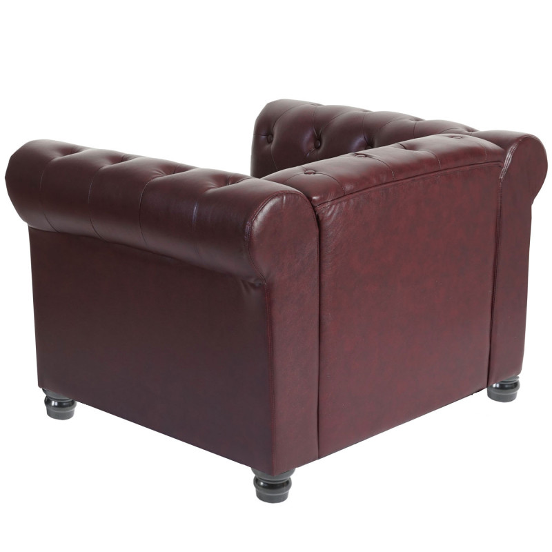 Fauteuil de luxe Chesterfield, fauteuil relax, similicuir - pieds ronds, brun rouge avec ottomane