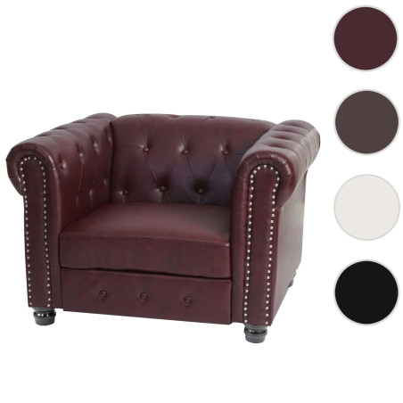 Fauteuil de luxe Chesterfield, fauteuil relax, similicuir - pieds ronds, brun rouge