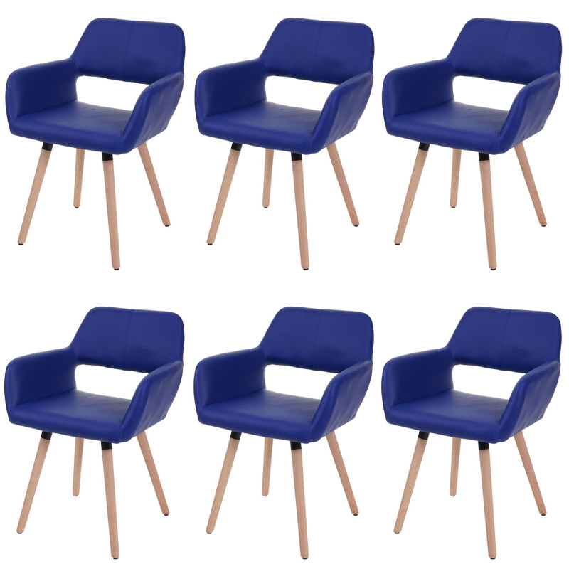 6x chaise de salle à manger II, fauteuil, design rétro des années 50 - similicuir, bleu