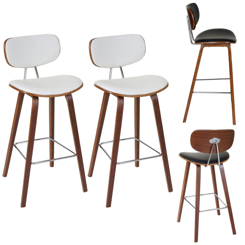 2x tabouret de bar chaise de comptoir, style rétro bois de proue, optique noix - blanc