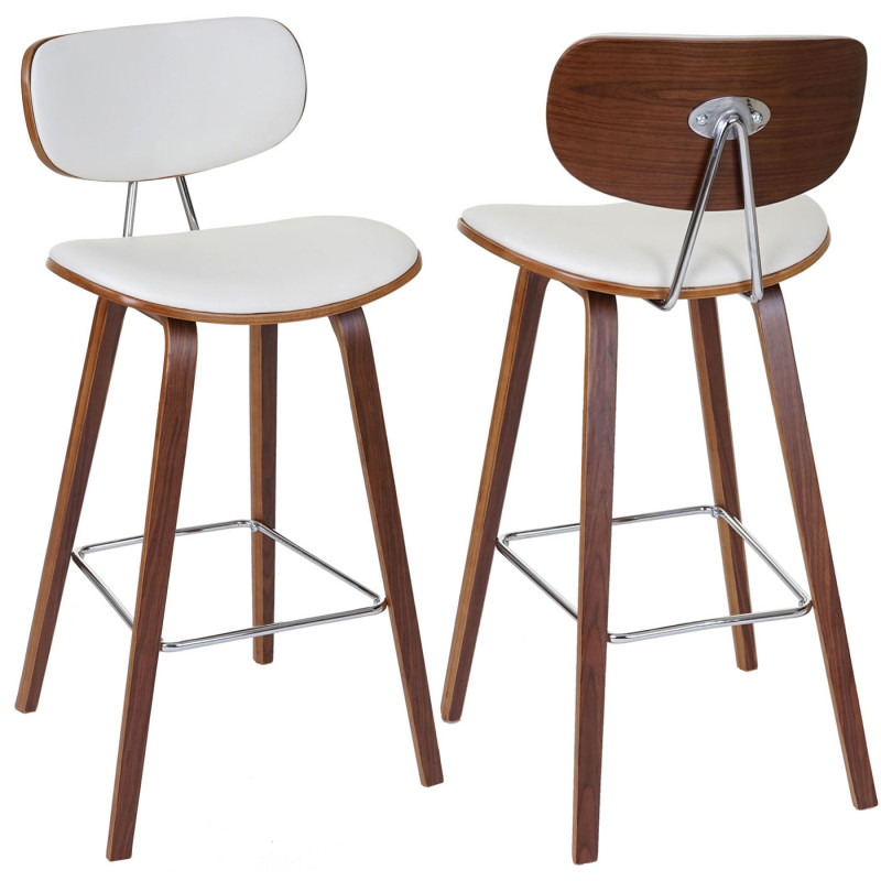 2x tabouret de bar chaise de comptoir, style rétro bois de proue, optique noix - blanc