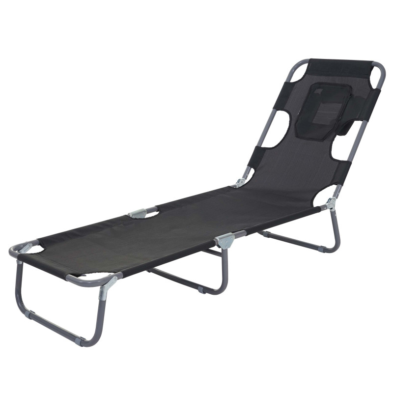 Chaise longue de jardin transat bain de soleil, fonction position sur le ventre, tissu pliable - noir