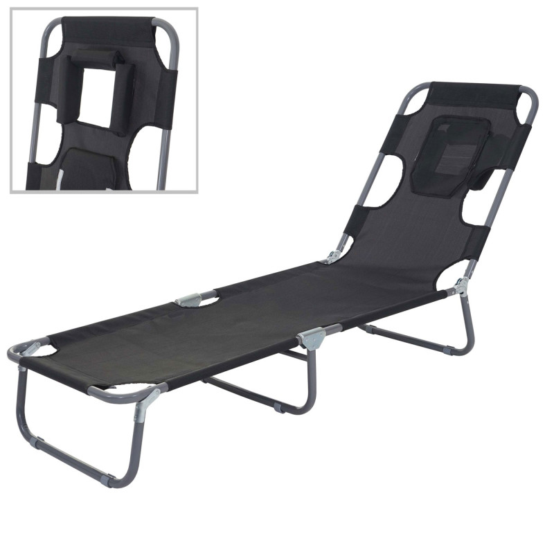 Chaise longue de jardin transat bain de soleil, fonction position sur le ventre, tissu pliable - noir