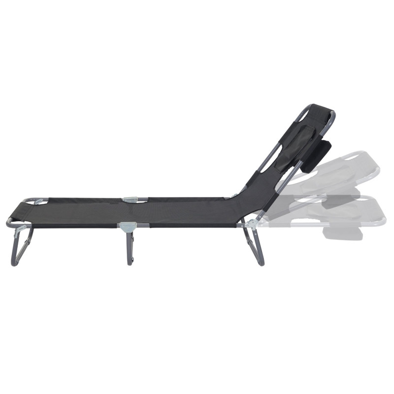 Chaise longue de jardin transat bain de soleil, fonction position sur le ventre, tissu pliable - noir