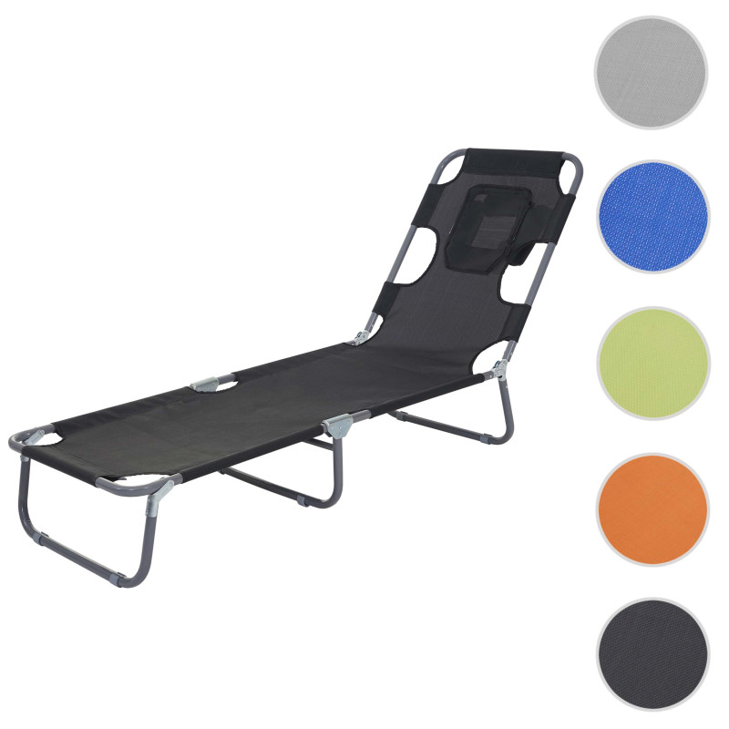 Chaise longue de jardin transat bain de soleil, fonction position sur le ventre, tissu pliable - noir