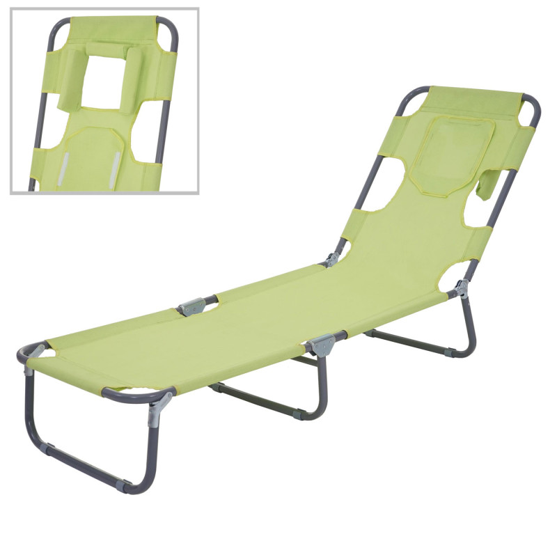 Chaise longue de jardin transat bain de soleil, fonction position sur le ventre, tissu pliable - vert