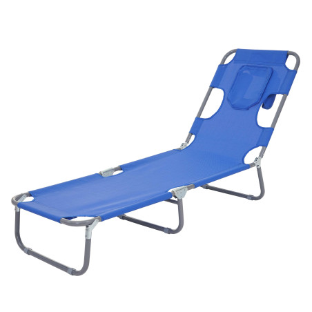 Chaise longue de jardin transat bain de soleil, fonction position sur le ventre, tissu pliable - bleu