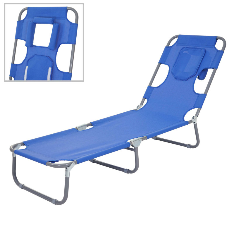 Chaise longue de jardin transat bain de soleil, fonction position sur le ventre, tissu pliable - bleu