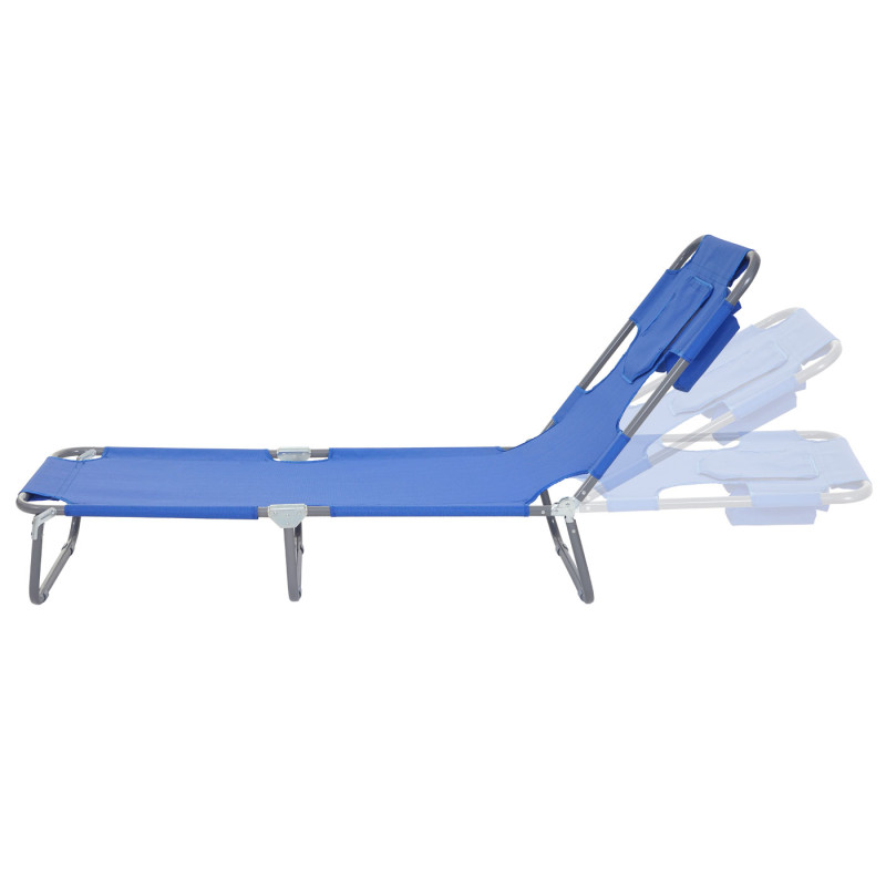 Chaise longue de jardin transat bain de soleil, fonction position sur le ventre, tissu pliable - bleu