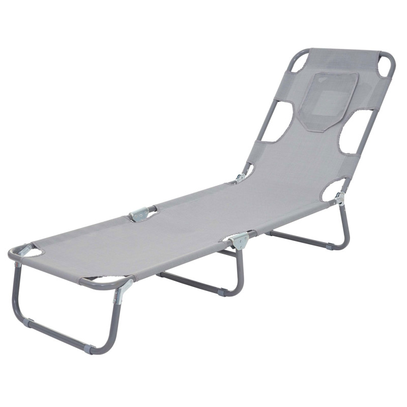 Chaise longue de jardin transat bain de soleil, fonction position sur le ventre, tissu pliable - gris