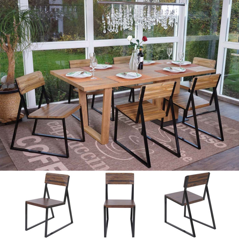 6x chaise de salle à manger fauteuil, bois d'orme métal design industriel - foncé