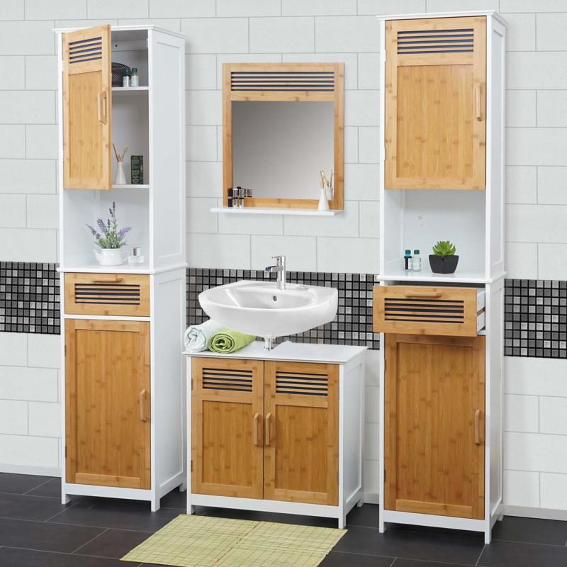 Set salle de bain 2x armoire haute, 1x meuble sous-vasque, 1x miroir, babou, blanc