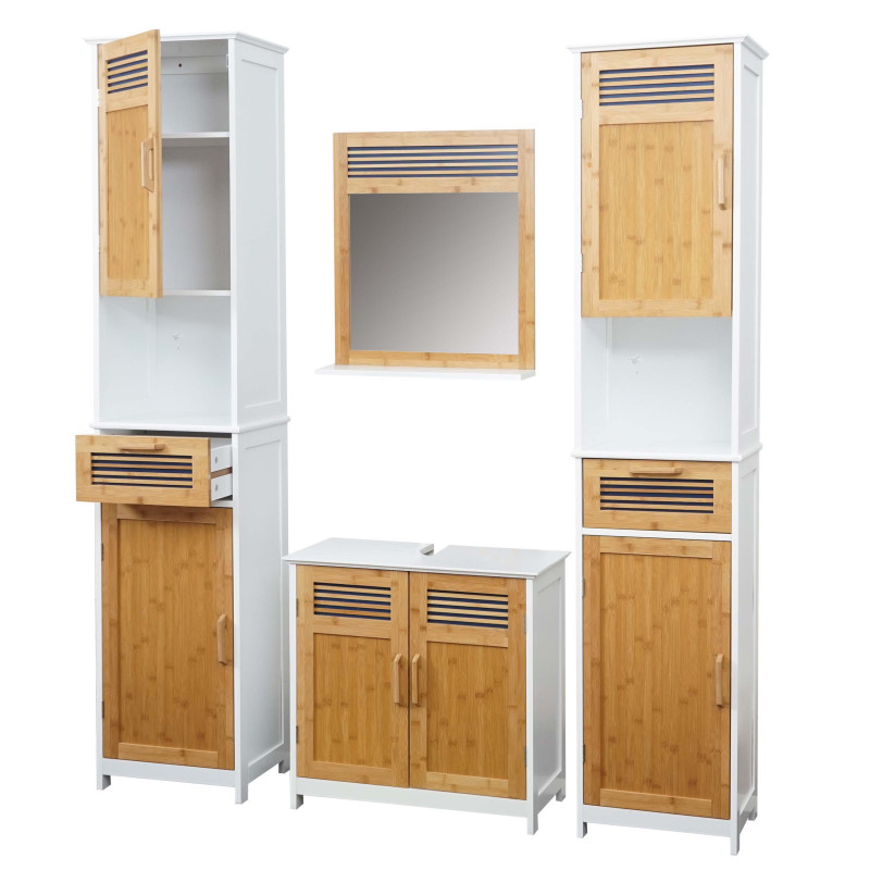 Set salle de bain 2x armoire haute, 1x meuble sous-vasque, 1x miroir, babou, blanc