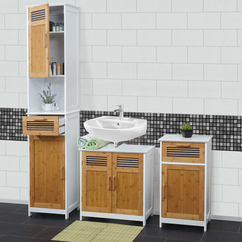 Set de salle de bains armoire commode meuble sous-lavabo, bambou, blanc