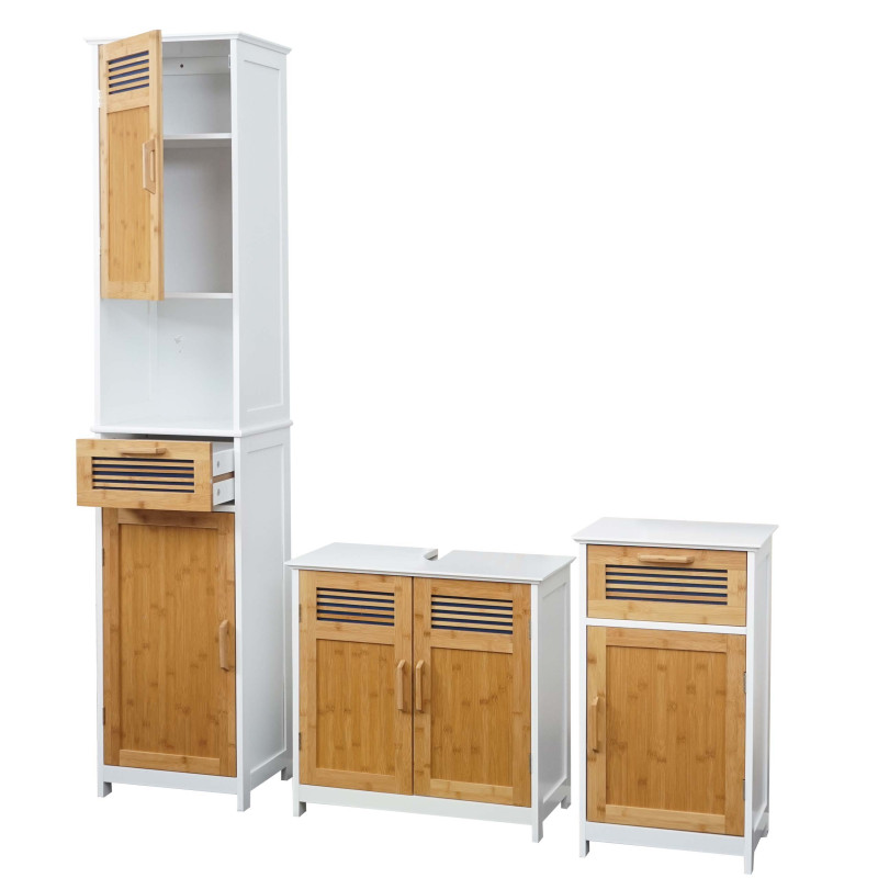 Set de salle de bains armoire commode meuble sous-lavabo, bambou, blanc