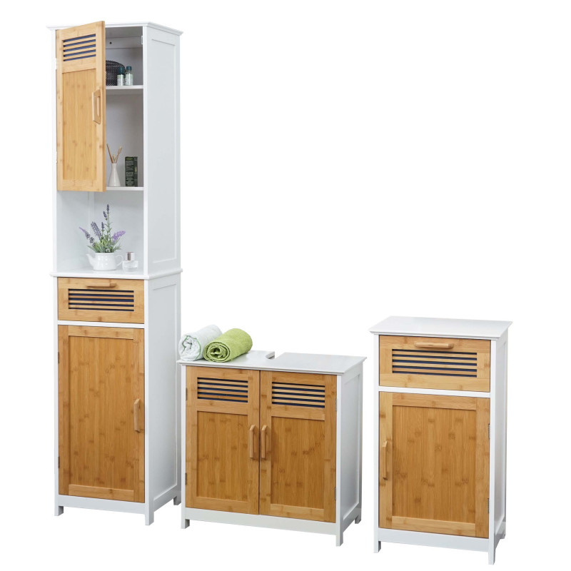 Set de salle de bains armoire commode meuble sous-lavabo, bambou, blanc