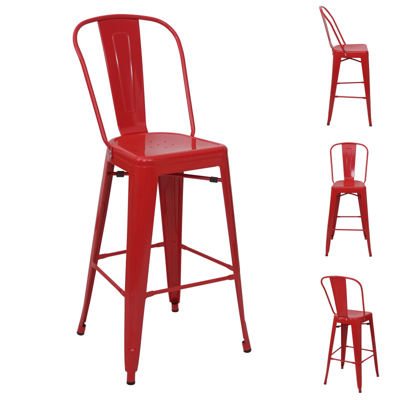 4x tabouret de bar chaise de comptoir avec dossier, métal, design industriel - rouge